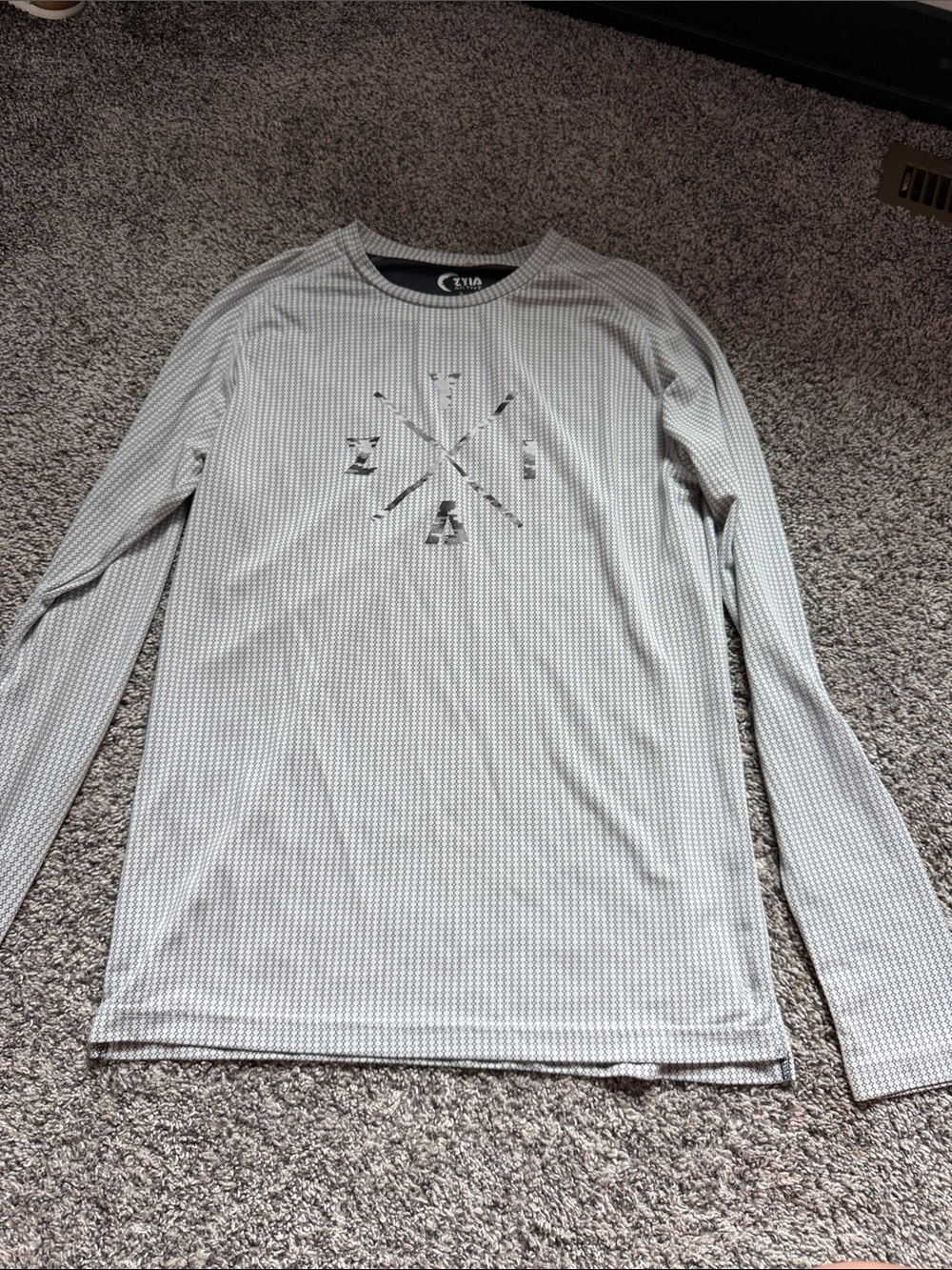 ZYIA Heather Gray Long Sleeve Performance Tee with Subtle Chest Graphic